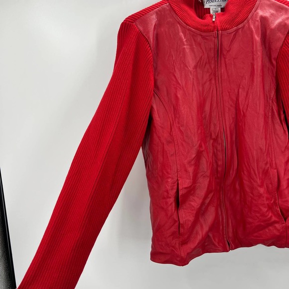 Pendleton Oregon Vintage Wool Leather Sweater Jacket Solid Red Zippered Medium - Picture 9 of 9